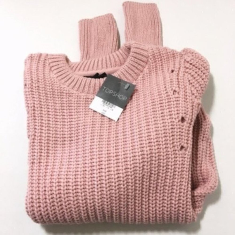 TopShop Womens Pink Cable Chunky Knit Crew Neck Distressed Sweater Sz 6 New